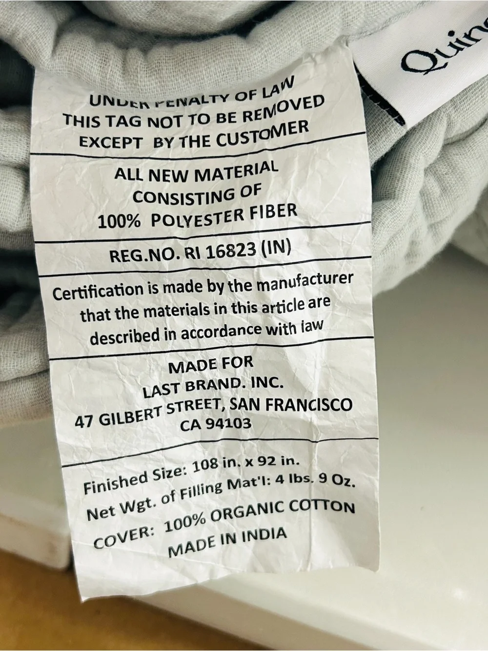 NWT QUINCE Organic Cotton Gauze Dream Quilt King/Cal King Mist 7570